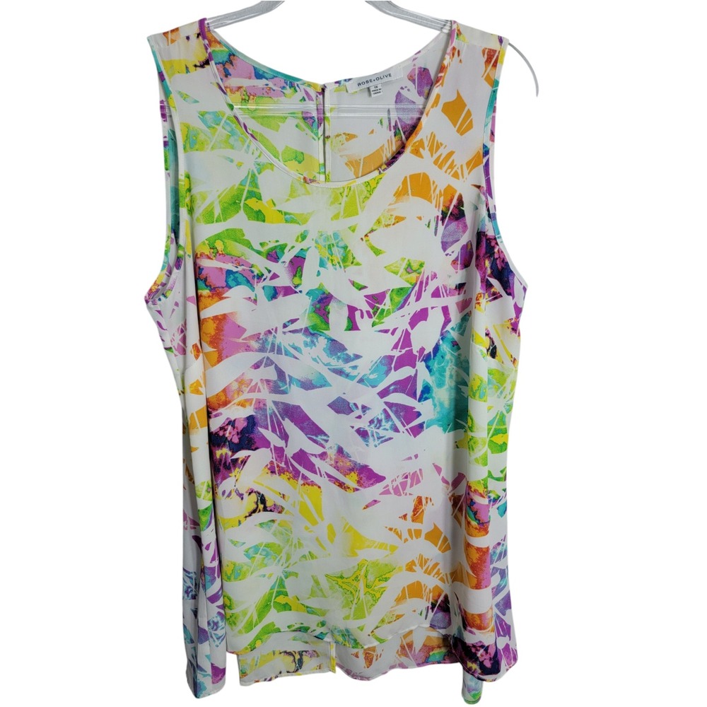 Rose + Olive Womens 1X Tank Top Multicolor Abstract High Low Split Back Blouse